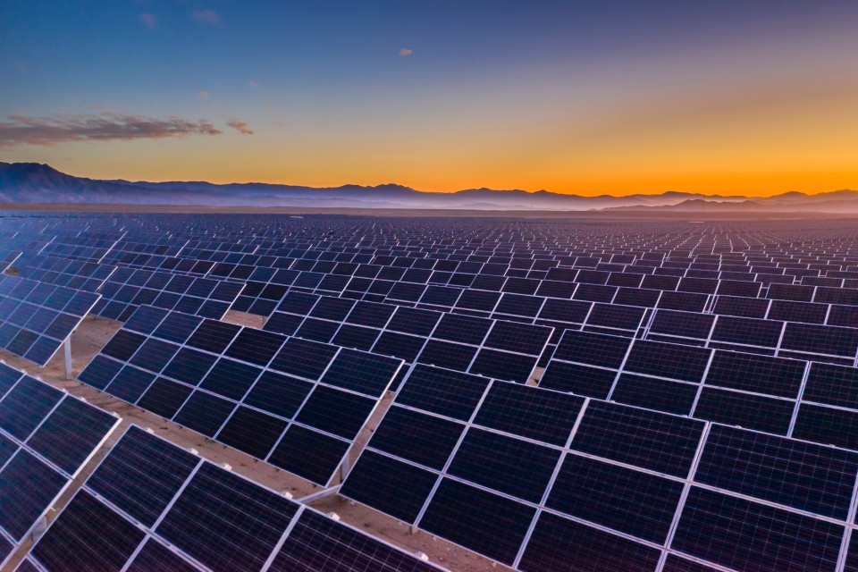 Campo de paneles solares al atardecer